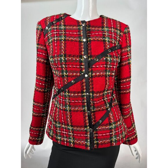 Conrad C Collection Womens Red Plaid Tweed Blazer Jacket Size 6 Silk Blend - Picture 15 of 16